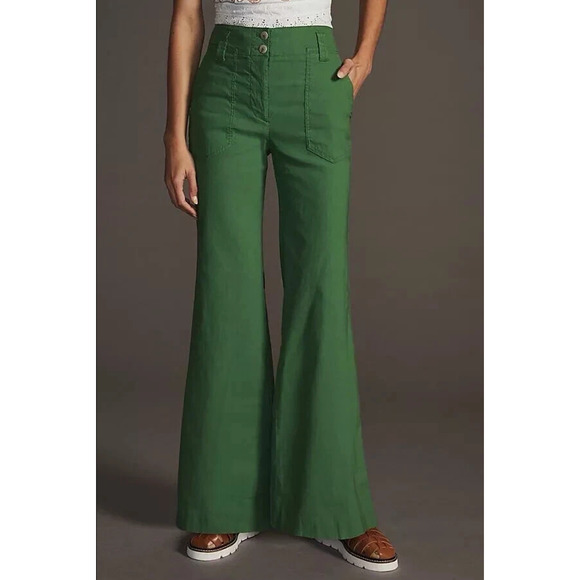 Maeve by Anthropologie Naomi Wide Leg Flare Linen Blend Pants Size 6 Green Retro - Picture 1 of 10